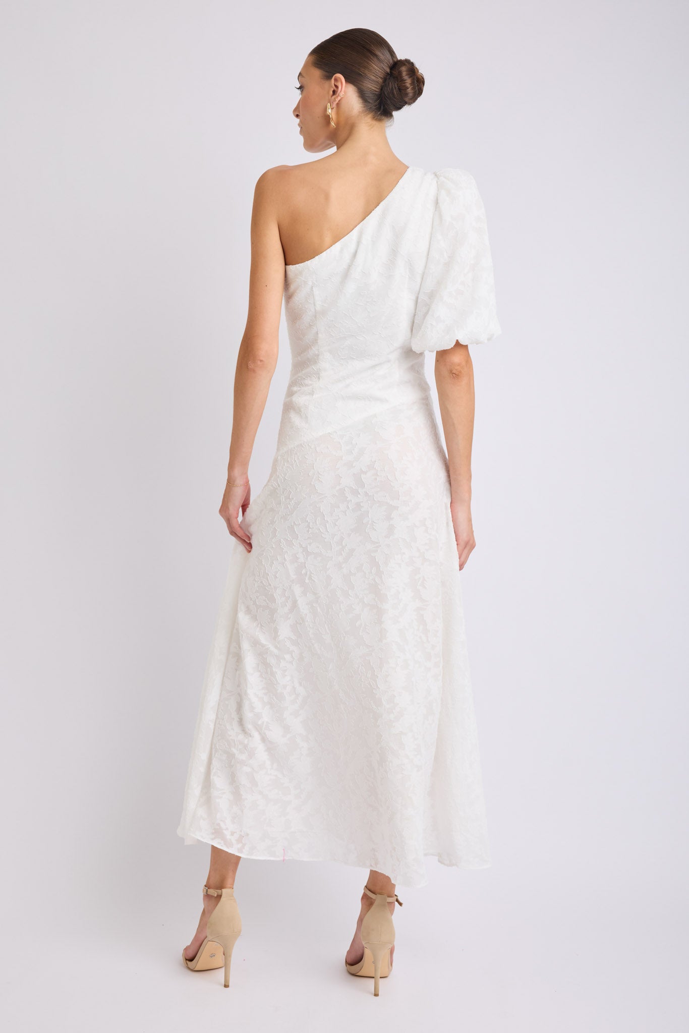 white one shoulder puff sleeve dress One Shoulder Puff Sleeve Embellished Gown 36872