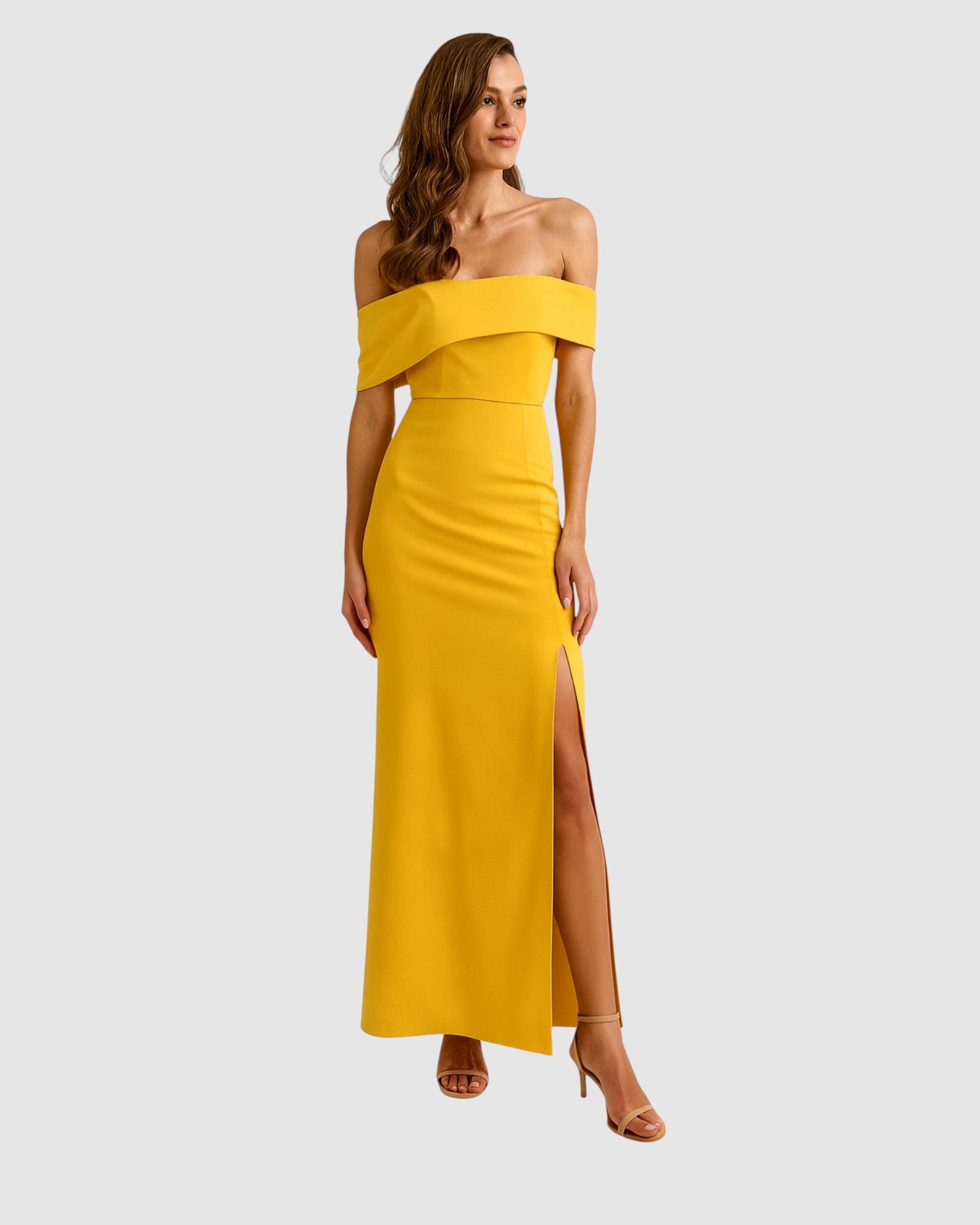 yellow off the shoulder maxi dress Trevia Off Shoulder Maxi Dress